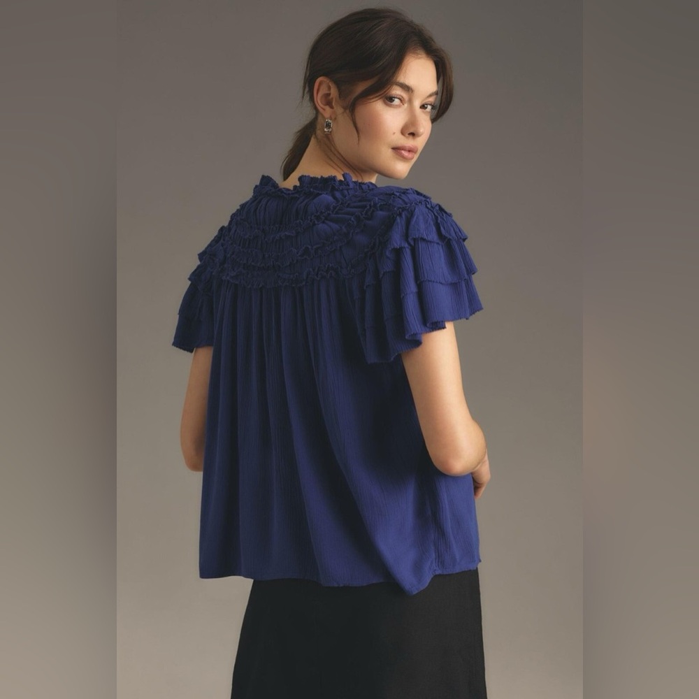 Anthropologie Maeve Short-Sleeve Ruffle Yoke Blouse - Cobalt Blue - Picture 2 of 6